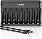 Dlyfull 8 Bay AA AAA Battery Charger with USB-C High-Speed Charging, Independent Slot for 1.2V Ni-MH Ni-CD Rechargeable Batteries, Cable Included