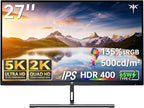 KTC 5K Monitor 27 Inch: Dual Mode 5K (5120x2880) @60Hz / 2K@160Hz Computer Monitor, 99% DCI-P3, 100% sRGB, ΔE＜2, Type-C 65W, HDMI & DP, HDR400, Compatible with Mac mini, H27P3