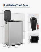 Garvee Trash Can, 2 x 8 gal (2 x 30 L) Garbage Can for Kitchen Dual Compartment Recycling Kitchen Step Trash Bin, Stainless Steel Trash and Recycle Bin Combo with Soft-Close Lid,Silver