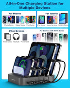 MSTJRY Charging Station for Multiple Devices : 5 Port Multi USB-A Charger Stations Multi-Device Organizer Charging Dock Designed for iPhone iPad Cell Phone Tablets (7 Short Cables Included), Gray