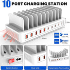 RISWOJOR Charging Station for Multiple Devices, 100W 10 Ports Charging Dock with 10 Cables Smart IC Tech and Adjustable Dividers Type-C，Multi USB Charger for iPhone Galaxy iPad Tablet，White