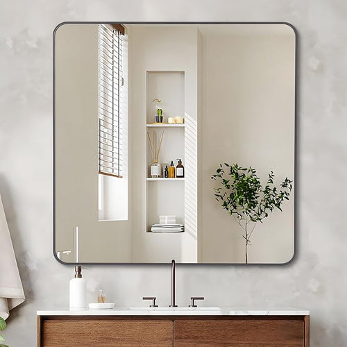 36" x 36"Bathroom Mirror, Matte Black Wall Mirror with Metal Frame, Decorative Rectangular Vanity Mirror for Bedroom Bathroom Living Room Entryway (Horizontal/Vertical)