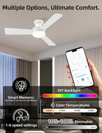 Homlit 42" RGB Ceiling Fan with Light, Music Sync Smart Fan with Alexa/Google/App Control, Low Profile Flush Mount, 6-Speed Quiet DC Motor, 4 CCT Dimmable Lighting for Bedroom Living Room, White