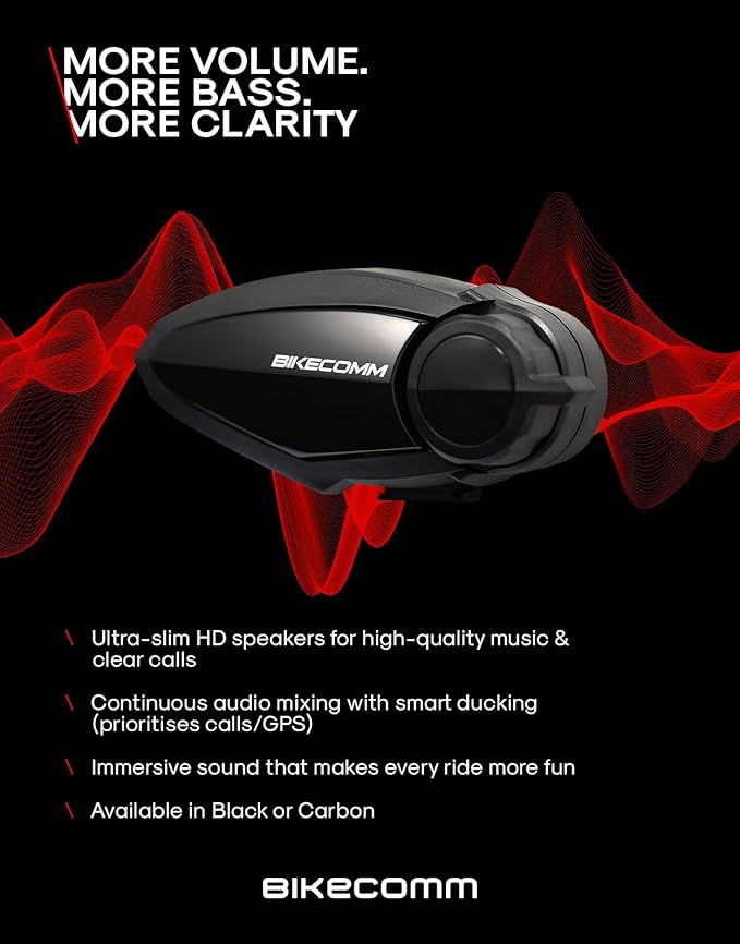 BIKECOMM BK-S2 Motorcycle Bluetooth Headset Intercom – 1200M Range Wireless Speakers - Helmet Communication System, IP67, Carbon