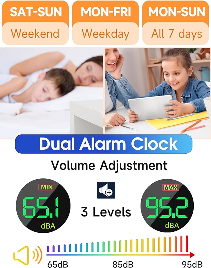 Cadmos Loud Alarm Clocks for Heavy Sleepers,Adults,Kids,Teens,Large Digital Display,7 Color Night Light,Adjustable Volume,Battery Backup,Small Bedside Clocks for Bedrooms (White+Dynamic)