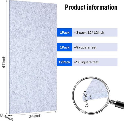 12 Pack Large Acoustic Panels, 47 x 24 x 0.4 Inch Self-adhesive Sound Absorbing Panel for Studio Home Office(Gray)
