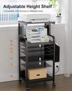 DongRong Tall Printer Stand with Storage Adjustable Shelf and Bag, 4-Tier Large Printer Table with Charging Station for Home Office, Printers Cart with Wheels for 3D Shredder Scanner Fax (Black)