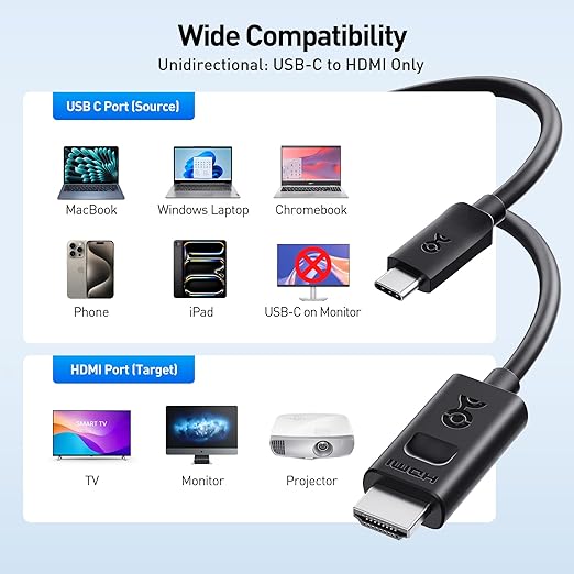 Cable Matters Unidirectional USB C to HDMI 2.1 Cable - 3ft, Support 4K@240Hz and 8K@60Hz, HDR - Thunderbolt 4, Thunderbolt 5, USB 4 Compatible with MacBook Pro, XPS, ThinkPad - Max 4K@60Hz on macOS
