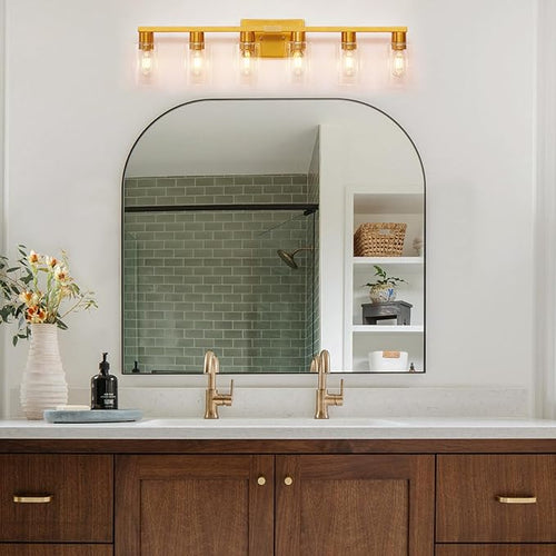6 Light Bathroom Light Fixtures, Large Gold Bathroom Vanity Light with Clear Glass Shade, Brushed Brass Gold Bathroom Lighting Fixtures Over Mirror, Modern Wall Scones for Bedroom Living Room