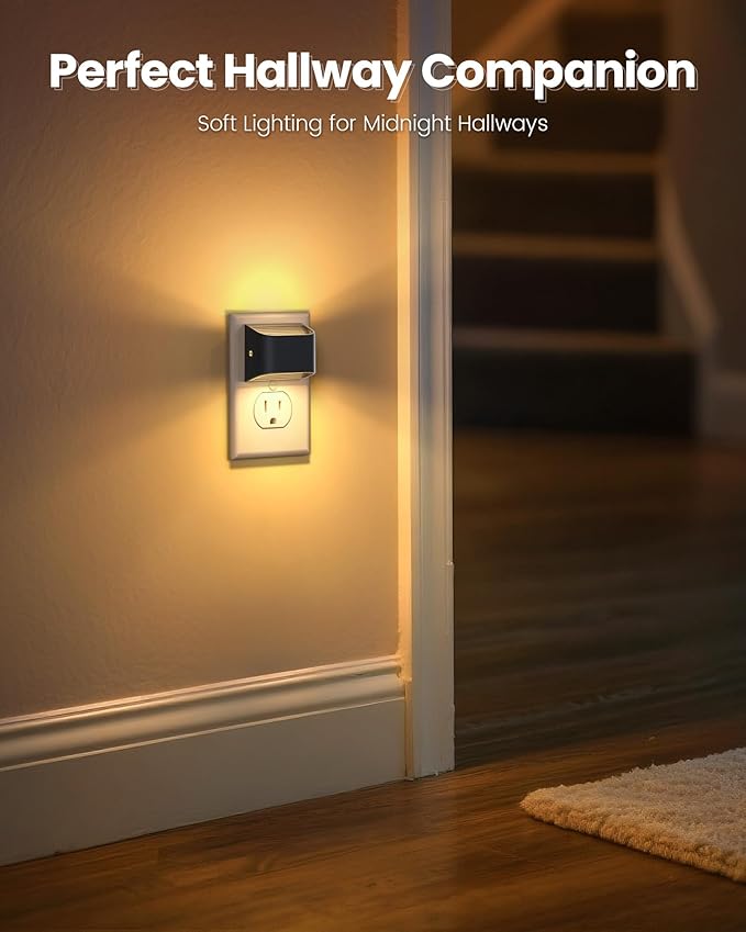 NIORSUN Night Lights Plug Into Wall, Auto Brightness Sensor Night Light, 3000K Warm White, Ultra-Slim Wall Light for Hallway Bathroom Bedroom Stairs, Black, 4 Pack