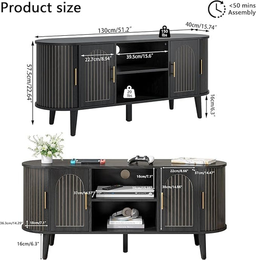 51" Fluted TV Stand, Mid-Century Modern Entertainment Center for Tvs up to 60" with Drawers and Fluted Doors, Curved TV Media Console Table with Sliding Doors for Living Room, Bedroom (51" Black)