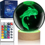 LQYHZCZQ 3D Axolotl Crystal Ball Night Light with 16 Color LED Wooden Base with Remote Control, 3.15 Inch Crystal Ball Night Light