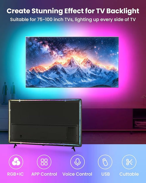 16.4ft RGB+IC LED Lights for 50-75 Inch TV, Backlight Strip Behind TV with Music Sync, Bluetooth APP and Voice Control, 44 Scene Modes, for Ambient Mood Lighting, Monitor Game, Bedroom, Living Room