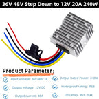 48V to 12V Converter Golf Cart Voltage Regulator Reducer Transformer Waterproof DC-DC 24V 36V 48V to 12V 20A 240W Step Down Converter with Fuse