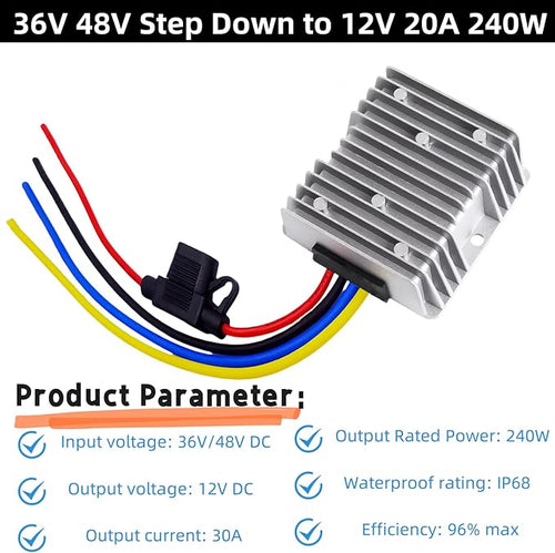 48V to 12V Converter Golf Cart Voltage Regulator Reducer Transformer Waterproof DC-DC 24V 36V 48V to 12V 20A 240W Step Down Converter with Fuse