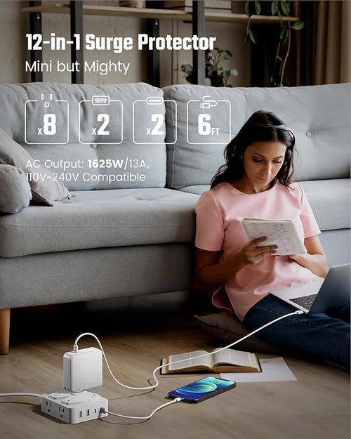 35W Fast Charging SUPERDANNY 4-Outlet 4-USB Power Strip with 20W C Port Fast Charge–6FT Extension Cord, Surge Protector 1080J, Overload Switch, Mountable, for Home, Office, School, Dorm - White