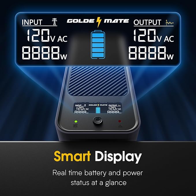 GOLDENMATE 1000VA/800W Lithium UPS Battery Backup & Surge Protector, Backup Battery Power Supply with LiFePO4 Batteries(230.4 Wh), Sinewave UPS System, 10 Years Lifespan, 8 Ports, LCD Display, Gray