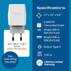 Ceptics European Travel Plug Adapter - USB-A & C, Type C Adapter for Turkey, Egypt, Iceland - USA Input - Ideal for Phones, Chargers, Cameras & More