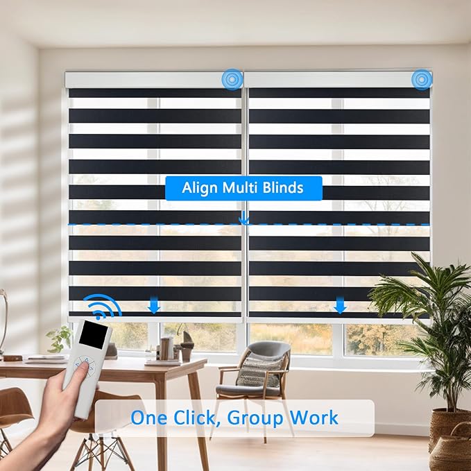 COOLWINDS Motorized Zebra Blinds for Windows Cordless Electric Curtains with Remote Control Blackout Shades Custom Smart Blinds Compatible with Alexa Google Home(Light Filtering Black,W23 X 72in)