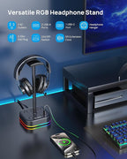 TROND Headphone Stand with USB C, Desk Gaming Headset Holder with 3 AC Outlets, 2 USB-A and 1 USB-C, Headset Stand with 5 RGB Light Modes, for Gaming Desk Accessories Gamer Boyfriend Gifts