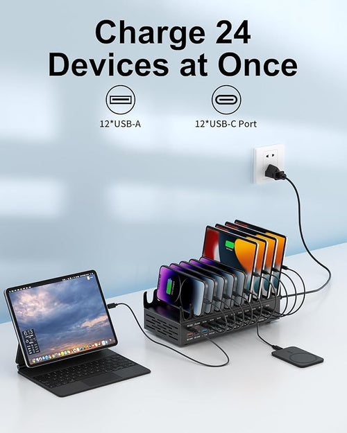 380W Charging Station for Multiple Devices - 24 Ports USB Fast Charging Station with 30W Power Delivery, Multi Charger Dock for Phone Tablet, Home, Office, School