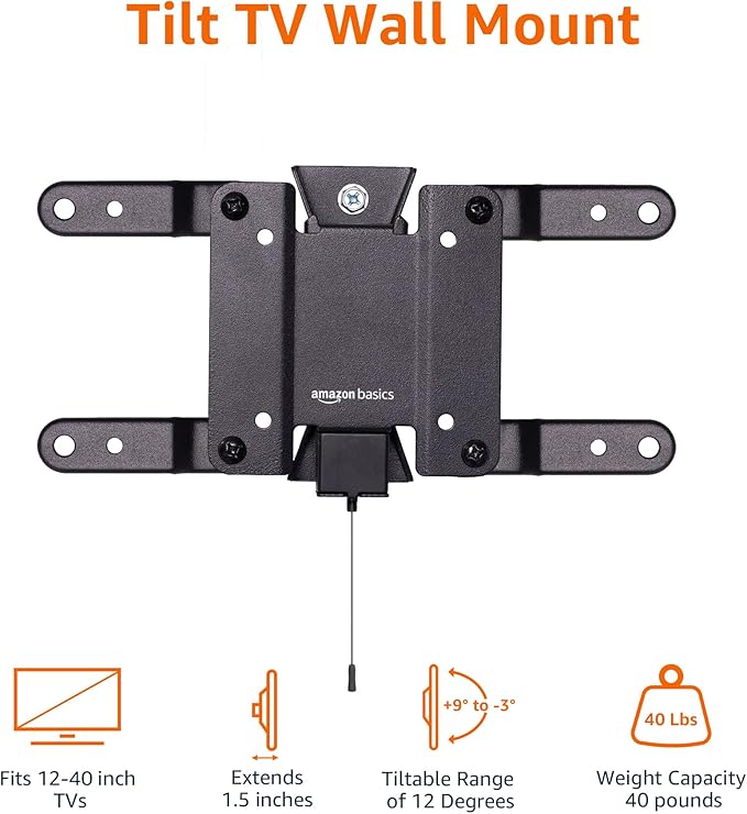 Amazon Basics Tilt TV Wall Mount fits 12-40 inch TVs and VESA 200x200, Black