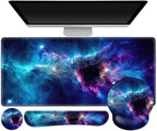 Gaming Mouse Pad, Large Desk Mat, Cute Desk Pad Protector, 4in1 XXL Mousepad + Keyboard Wrist Rest+Mouse Wrist Rest+Coaster Set with Ergonomic Desk Pad for Home Office Table Computer, Galaxy Space