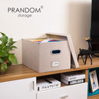 PRANDOM File Organizer Box - Set of 4 Collapsible Decorative Linen Filing Storage Hanging File Folders with Lids Office Cabinet Letter/Legal Size Light Grey (17x14x11.2 inch)