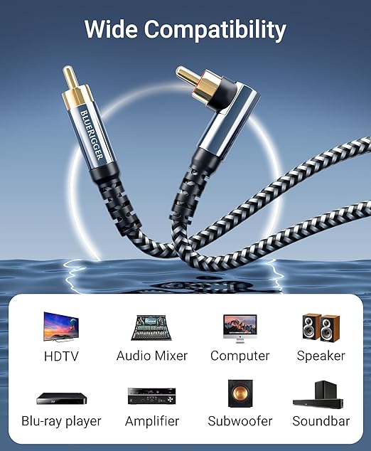 BlueRigger Subwoofer Cable 90D (25FT, RCA Audio, Dual Shielded, Gold Plated, Right Angled Male RCA Connectors) – Compatible with Subwoofer, Amplifier, Home Theater