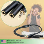 fouraces AUX y Splitter - 4 Pole, Adapter Cable Very Short - 1 ft - 3.5 mm - 2 Headphone Connections for PC, PS4, Microphone - Jack Crossover, Audio Splitter for Two People
