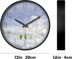 SCOAGE Digital Wall Clock Battery Operated with Day and Date Temperature Blue White Wave Calendar Clock with Large Display Silent for Room Bathroom Bedroom Living Room Farmhouse Decor 12 Inch