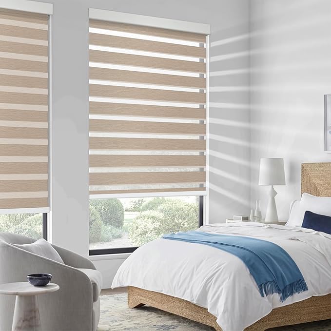 COOLWINDS Motorized Zebra Blinds for Windows Cordless Electric Curtains with Remote Control Blackout Shades Custom Smart Blinds Compatible with Alexa Google Home(Roomdarking Caramel,W38 X 72in)