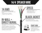 Voltive 14/4 Speaker Wire, in-Wall CL3 & Direct Burial, Black, 250ft - 14AWG, 4 Conductors, Stranded Oxygen-Free Copper, UL Listed - V-1209-3