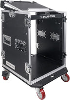 Sound Town Heavy-Duty 1/2" (12mm) 14U PA DJ Rack/Road Case with 11U Slant Mixer Top, 20’’ Rackable Depth and Casters, 14-Space ATA Case, Pro Tour Grade (STMR-14UW)