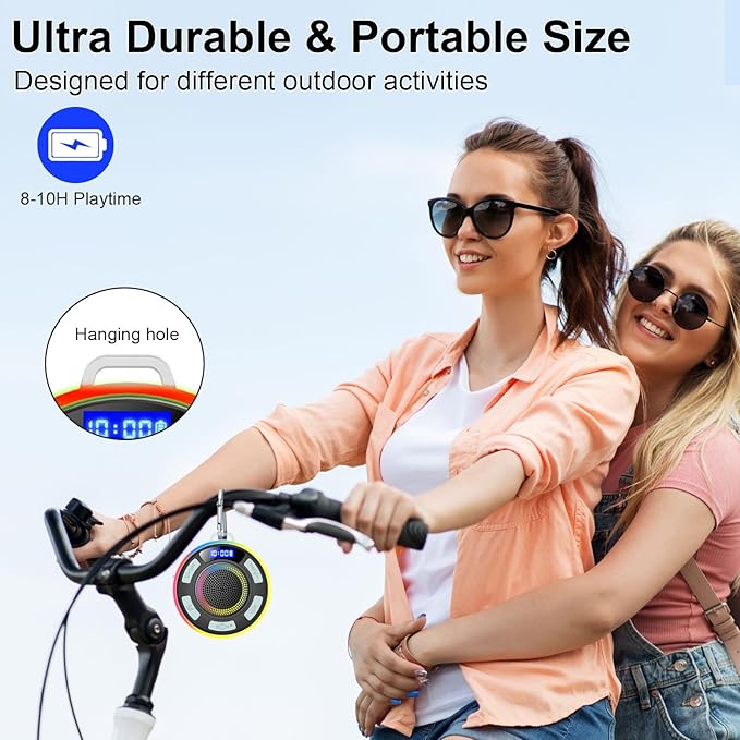 Shower Bluetooth Speaker IPX7 Waterproof, Portable Bluetooth Speakers with Suction Cup and Time Display, Crystal Sound&Bass LED Light 1100mAh, Wireless Shower Speaker for Outdoor/Kayak/ Light Cyan