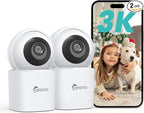 CAMSTRO 3K Indoor Security Camera 2 Pack, 360° Pan/Tilt WiFi Camera for Home Security, 2.4/5GHz Pet/Dog/Baby Camera with Phone App, Night Vision, Two-Way Audio, 24/7 SD/Cloud Storage, Works with Alexa