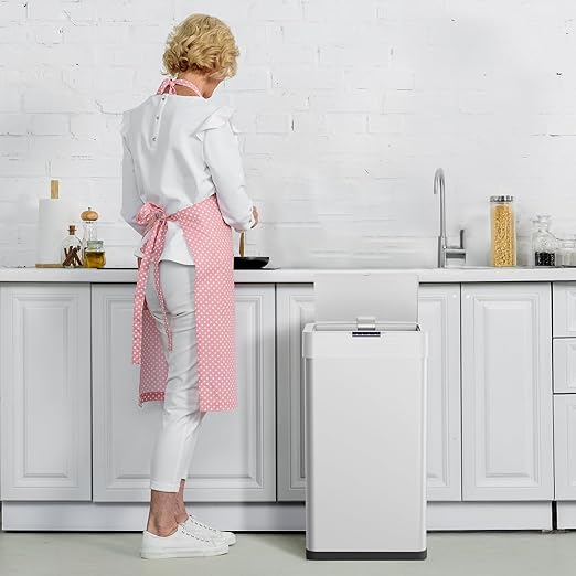 Arlopu Automatic Trash Can,Sensor Motion Stainless Steel Garbage Bin, Touchless Smart Waste Bin, W/Stay-Open, Soft Close Lid, Display Light for Kithchen, Living Room, Office (White, 21.1gal)