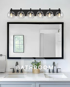 METWET Bathroom Light Fixtures, 6 Light Matte Black Vanity Light, 38 Inch Modern Wall Sconces with Globe Clear Glass Shade, Vanity Lighting Fixtures Over Mirror, VL195-MB-6