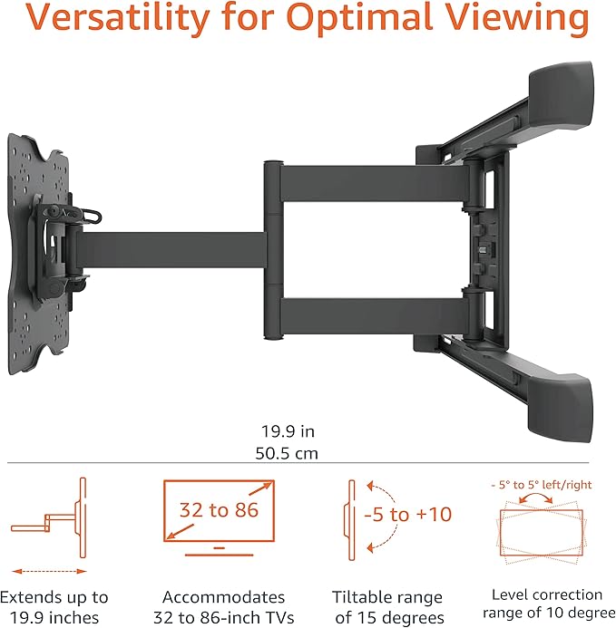 Amazon Basics Full Motion TV Wall Mount with Horizontal Post Installation Leveling for 32 to 86 inch TVs, Black