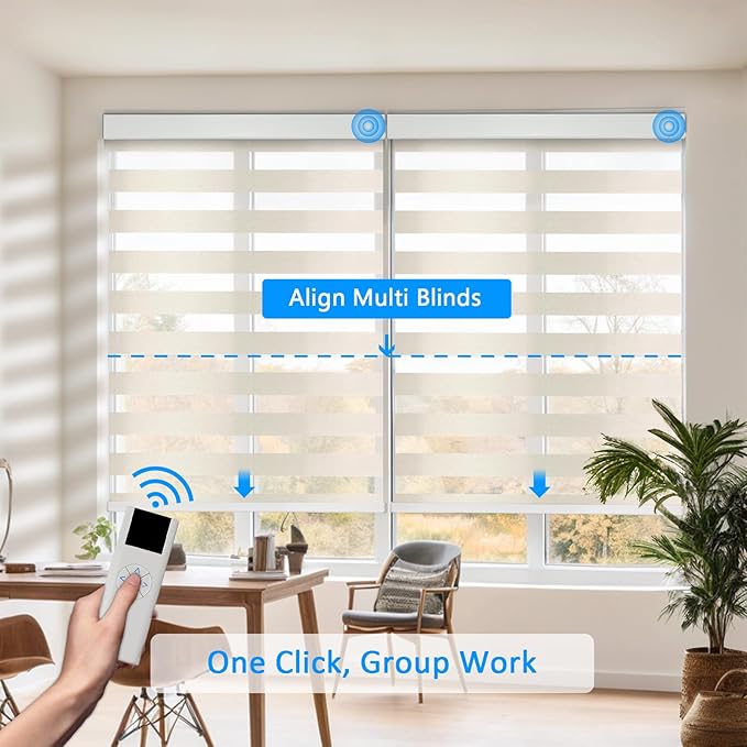 COOLWINDS Motorized Zebra Blinds for Windows Cordless Electric Curtains with Remote Control Blackout Shades Custom Smart Blinds Compatible with Alexa Google Home(Light Filtering Beige,W51 X 72in)
