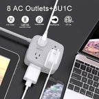 10 Ft Surge Protector Power Strip - 8 Widely Outlets with 4 USB Ports, 3 Side Outlet Extender with 10 Feet Extension Cord, Flat Plug, Wall Mount, Desk USB Charging Station, ETL, Grey