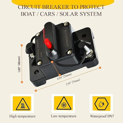 60 Amp Circuit Breaker with 6 AWG 1/4" Ring Terminal for Boat Trolling Motor Marine ATV Trailer Vehicles Stereo Audio Electronic Battery Solar System Inline Fuse Waterproof Manual Reset 12V-48V DC