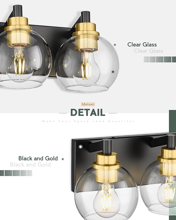METWET Bathroom Light Fixtures, 5-Light Black and Gold Bathroom Vanity Light, 32 Inch Modern Wall Sconces with Globe Clear Glass Shade, Vanity Lighting Fixtures Over Mirror, VL195-KG-5