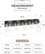 METWET 5-Light Bathroom Light Fixtures, 30 Inch Black Vanity Light with Cylinder Clear Glass Shade, Modern Vanity Lighting Fixtures Over Mirror, VL143-MB-5