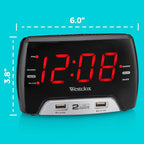 Westclox Large 1.4” Red LED Digital FM Clock Radio with Dual USB A & C Charging Ports, Adjustable Brightness, Dual Alarms & Sleep Timer – Modern Alarm Clock for Bedroom, Home, or Office (Black)