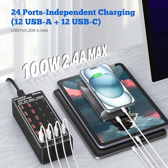 USB Charger Station, C Charging Block, 100W (20A) 24 Port Multiple USBCharger Desktop Wall Charger Hub 12 USB A 12 USB C Compatible for Apple iPhone, iPad, Samsung Galaxy, Laptop, Pixel, Phones