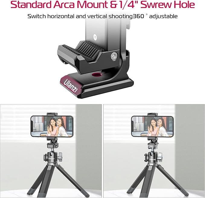 Metal Phone Tripod Mount 3 Cold Shoes & Arca Port, 360° Smartphone Tripod Adapter for iPhone 17 16 15 Cell Phone Stand Holder for Desktop Video Live Streaming Vlogging Rig