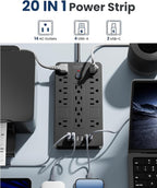 JouleLoom Surge Protector Power Strip-14 Outlets and 6 USB Ports, 10 Feet Flat Plug Extension Cord, 1850 Joules, Black, ETL Listed for Home, Office, Dorm Room
