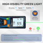 Green Laser Distance Meter 393.7ft Digital Measuring Tool with Angle Sensor Backlit LCD Area/Volume/Pythagorean ±2mm Class II Handheld Laser Measurer for Construction & DIY AAA Battery Powered
