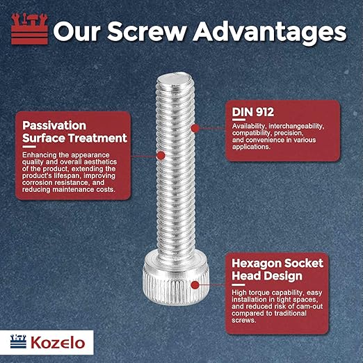 Kozelo 6pcs Socket Head Cap Screws - [M5-0.8 x 100mm] 304 Stainless Steel Allen Socket Drive for Electrical Motor 3D Printing Fan Engine Replacement Use, Silver